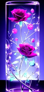 Purple rose glowing within a glass tube.