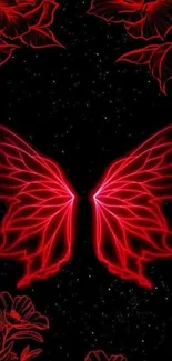 Glowing red butterfly on a starry black background.