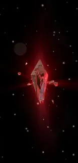 Luminous red crystal floating in space.