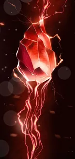 Red crystal with lightning on dark background.