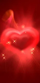 Glowing red heart with sparkles and radiant light on a warm background.