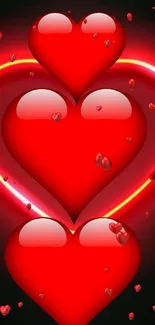 Mobile wallpaper with glowing red hearts and neon lights