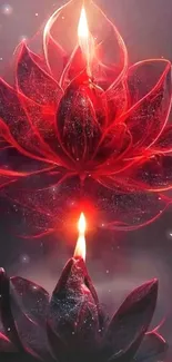 Vibrant glowing red lotus flower wallpaper art.