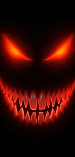 Eerie glowing face with a menacing red smile on a dark background.