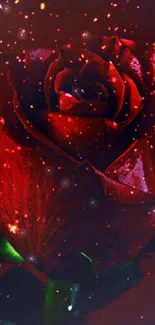 Glowing red rose with sparkles on a dark background.