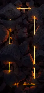 Dark rocks with glowing lines forming a rectangle pattern.