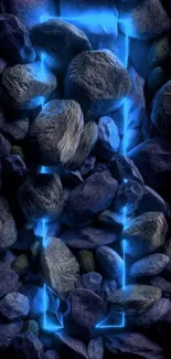 Blue glowing rocks mobile wallpaper with neon light accents.