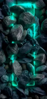 Mobile wallpaper with glowing green stones.