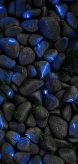 Mobile wallpaper with glowing blue rocks.