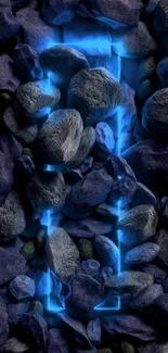 Blue neon lines through textured rocks wallpaper.