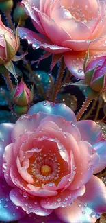 Glowing roses with dewdrops on petals.