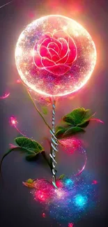 Glowing pink rose with cosmic elements in a fantasy art style.