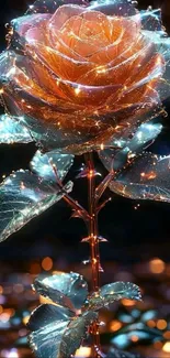 A glowing rose with crystal petals emits a magical aura.