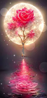 Enchanting glowing rose moon with serene reflection wallpaper.