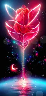 Neon rose glowing vividly with colorful accents in a surreal design.