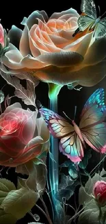 Glowing roses and butterflies on a black background in vibrant colors.