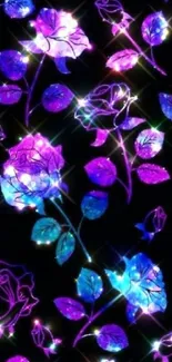 Glowing purple and blue roses on black background.