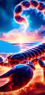 A glowing scorpion with neon effects at sunset on a beach.