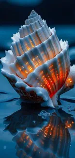 A glowing seashell reflects on serene blue water.