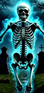 A glowing blue skeleton in a graveyard at night.