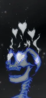 Glowing skeleton with hearts and flames on a black background.