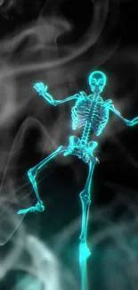 Glowing skeleton with smoke on a dark background mobile wallpaper.