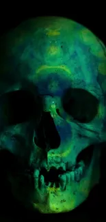 Glowing green skull art on a dark background wallpaper.