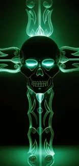 Neon green glowing skull cross design on dark background.