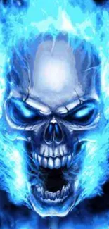 Blue flaming skull with glowing eyes and intense flames on dark background.