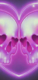 Vibrant neon heart with skull design in purple hues.