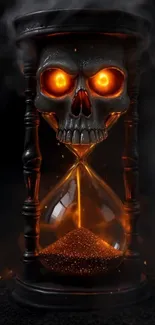 Glowing skull hourglass with fiery eyes.