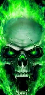 Glowing green skull engulfed in bright flames.