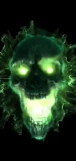 Luminous green skull with glowing eyes on black background.