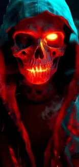 Skull in glowing red hoodie with an intense aura.