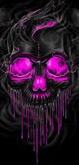 Neon pink glowing skull with dark background.