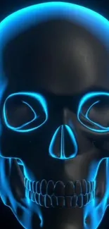 Glowing neon blue skull on dark background.