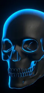 Neon blue glowing skull on dark background.