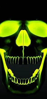 A neon green glowing skull fills the dark background of this mobile wallpaper.