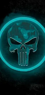 Cyan glowing skull on dark wallpaper background