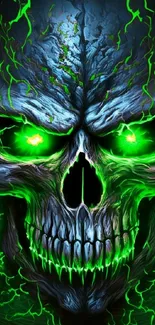 Neon green glowing skull on dark background wallpaper.