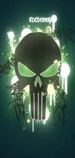 Neon green glowing skull on dark wallpaper for mobile phone.