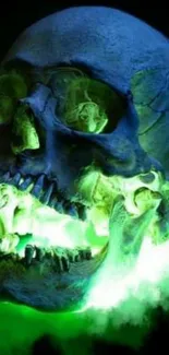 Glowing green skull with dark background, perfect for mobile wallpaper.