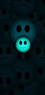 Bright glowing smiley face amidst sad emojis on dark background.