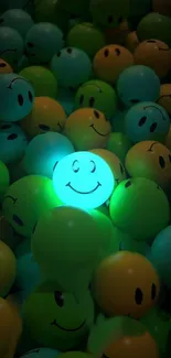 Vibrant smiley balls with glowing teal smiley in center.