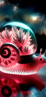 Glowing snail with cosmic background and pinkish-red shell.