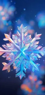 3D snowflake on a glowing blue background wallpaper.