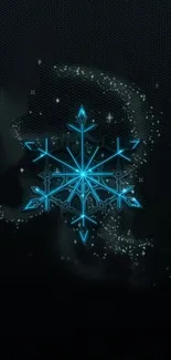 Neon blue snowflake on starry black wallpaper.