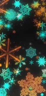 Vibrant snowflake pattern on black background for mobile wallpaper.