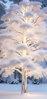 Luminous snow-covered tree in a tranquil forest setting.