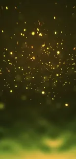 Abstract wallpaper with glowing golden sparkles on a dark green background.